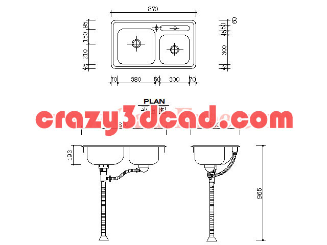 Kitchen stainless steel sink CAD plan and section